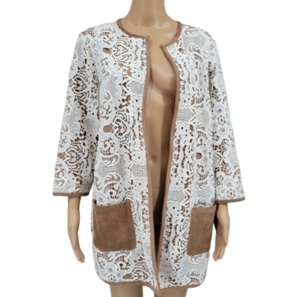 Chico's Open Style Jacket Topper Tan White Crochet Lace 2/Large